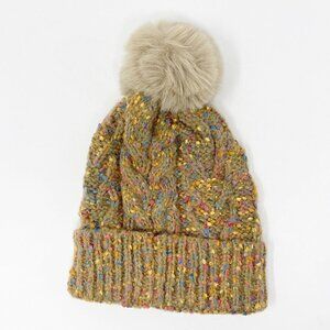 Confetti Cable Knit Pom Pom Beanie Stocking Cap Tan